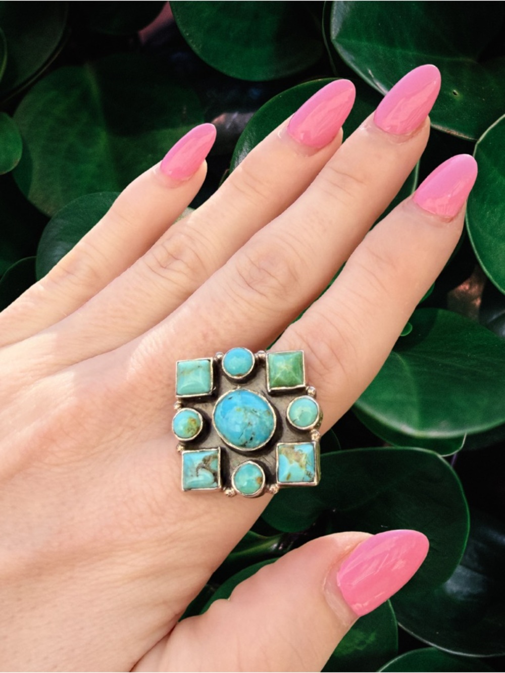 Genuine Turquoise Southwestern Statement Sterling Silver Ring | 925 Signed New